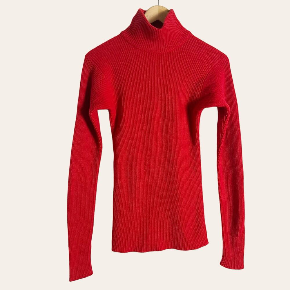 Bergdorf Goodman Vintage Red Ribbed Knit Turtleneck Wool Sweater Size Small